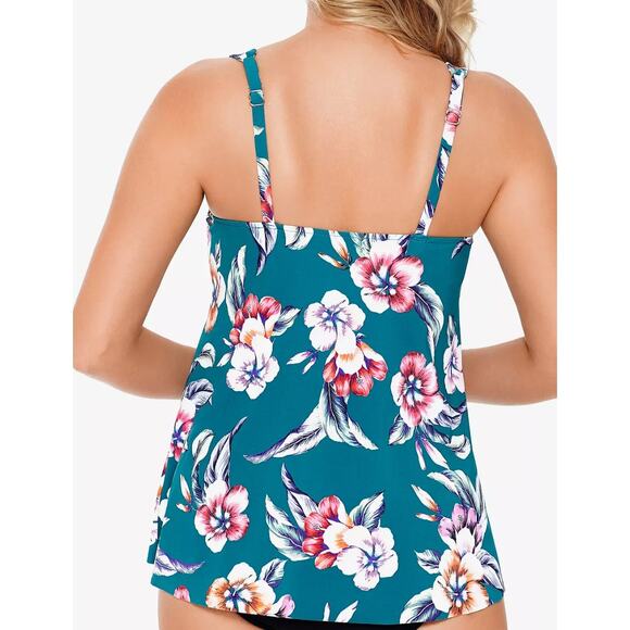 Swim Solutions VINTAGE FLORAL TEAL GREEN Princess-Seamed Tankini Swim Top 12 NWT - Picture 2 of 3